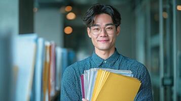 A young man holding a folder in his hands photo