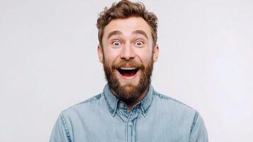 A man with a beard and a blue shirt is making a surprised face photo