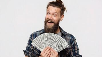 A man with a beard and a beard holding a fan photo