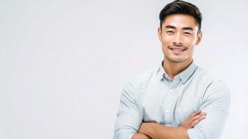 Asian man with arms crossed standing in front of white background photo