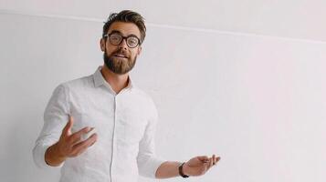 A man with glasses and a beard is standing in front of a whiteboard photo