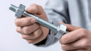 A man holding a bolt and nut in his hand photo