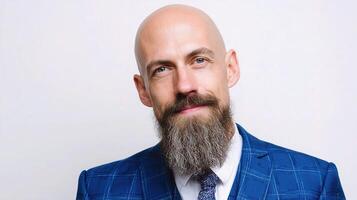 A bald man with a beard and a blue suit photo
