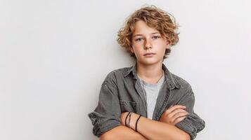 A boy with his arms crossed standing against a white wall photo