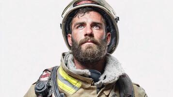 A man with a beard and a fireman's helmet photo