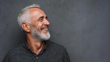 A man with a white beard and a grey shirt is smiling photo