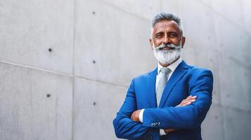 A man with a beard and a blue suit standing in front of a wall photo