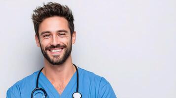 A smiling man in a blue scrub suit photo