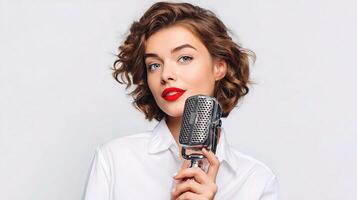A woman with red lipstick holding a microphone photo