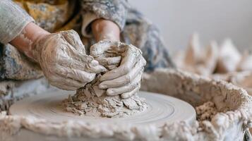 A person is making a pottery on a potter's wheel photo