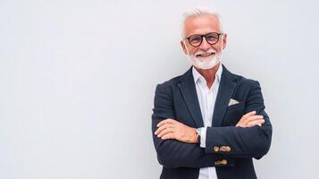 Portrait of a successful senior man with glasses and beard standing against a white background photo