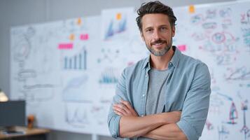 A man standing in front of a whiteboard with graphs on it photo