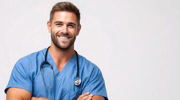A smiling male doctor in scrubs photo