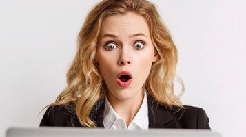 A woman in a business suit is looking surprised photo