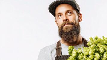 A bearded man holding a bunch of hops photo