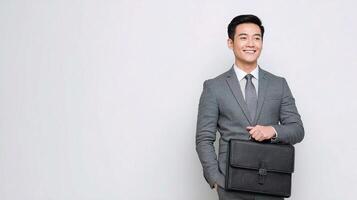 Asian businessman holding briefcase photo