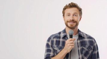 A man with a beard and a plaid shirt holding a microphone photo