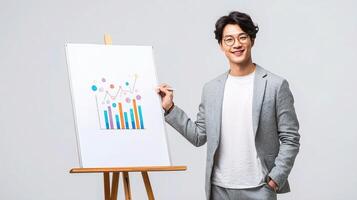 Asian man in suit holding up a chart on easel photo