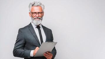 Portrait of a mature businessman with a clipboard and glasses on a gray background photo