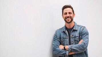 A man in a denim jacket standing in front of a whiteboard photo