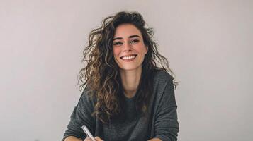A woman is smiling while writing on a piece of paper photo