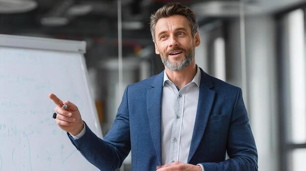 A man in a suit is pointing at a whiteboard photo