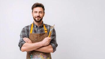 A man in an apron holding a paintbrush photo