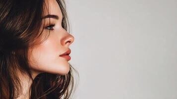 A woman with long hair looking off to the side photo