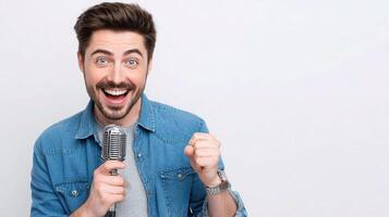 A man is holding a microphone and smiling photo
