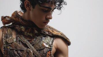 A young man with curly hair wearing a costume photo