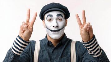 A man in a white face mask and striped shirt with two fingers up photo