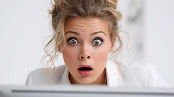 A woman looking surprised while using a computer photo