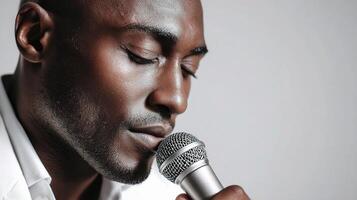 A man in a white shirt is holding a microphone photo