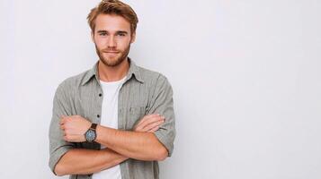 A man with a beard and a watch standing in front of a white wall photo