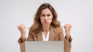 A woman in a suit is making a fist with her hands photo