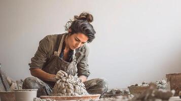 A woman is making clay in a pottery studio photo