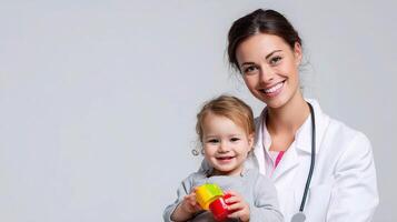 A woman in a white coat holding a child photo