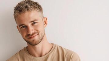 A man with a beard and a tan shirt photo