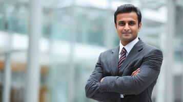 An indian businessman standing in front of a building photo
