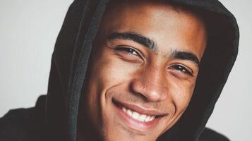 A young man with a hoodie on smiling photo