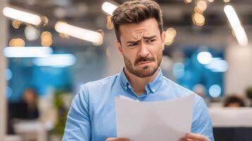A man is looking at a piece of paper photo