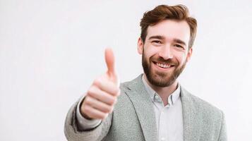 A man with a beard and a suit is giving a thumbs up photo