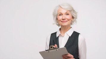 An older woman holding a clipboard and smiling photo