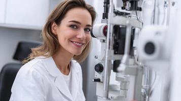 A woman in a white lab coat is smiling while looking at an eye exam machine photo