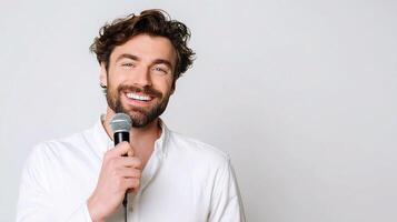A man with a beard and white shirt holding a microphone photo
