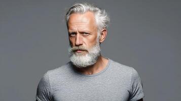 A man with a white beard and grey t - shirt photo