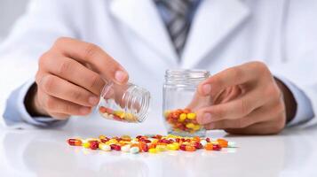 A doctor is holding a jar filled with pills photo