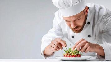 A chef is preparing a salad on a plate photo