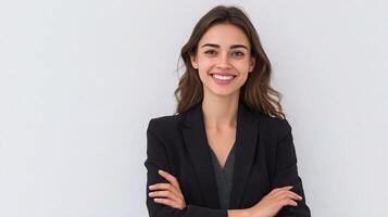 Portrait of a smiling business woman standing against white background photo