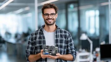 A man holding a small electronic device photo